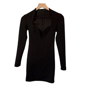 SHEIN Black Long Sleeve Plunging Neckline Bodycon Mini Dress Size XS